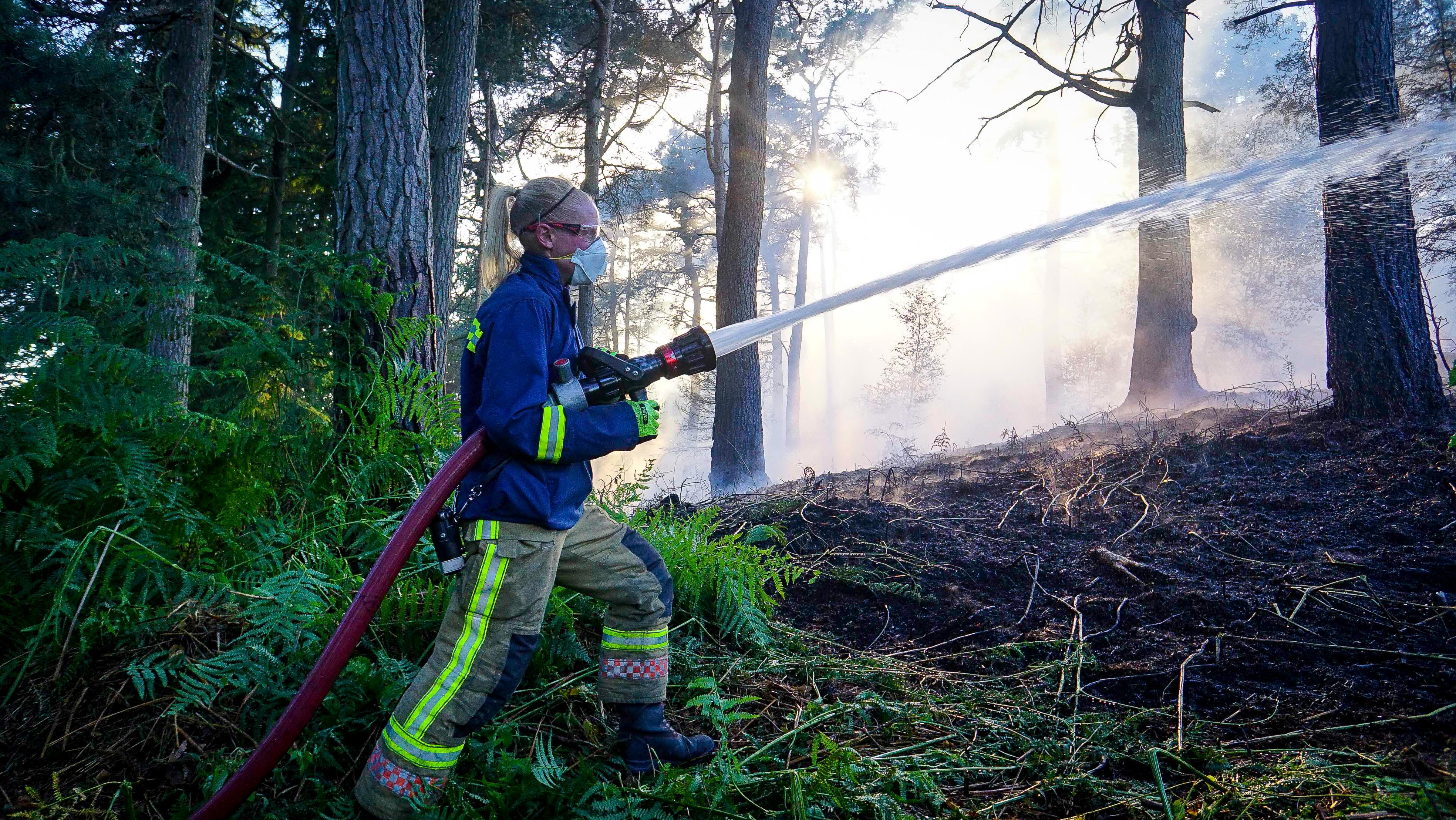 Firefighter putting out grass fire