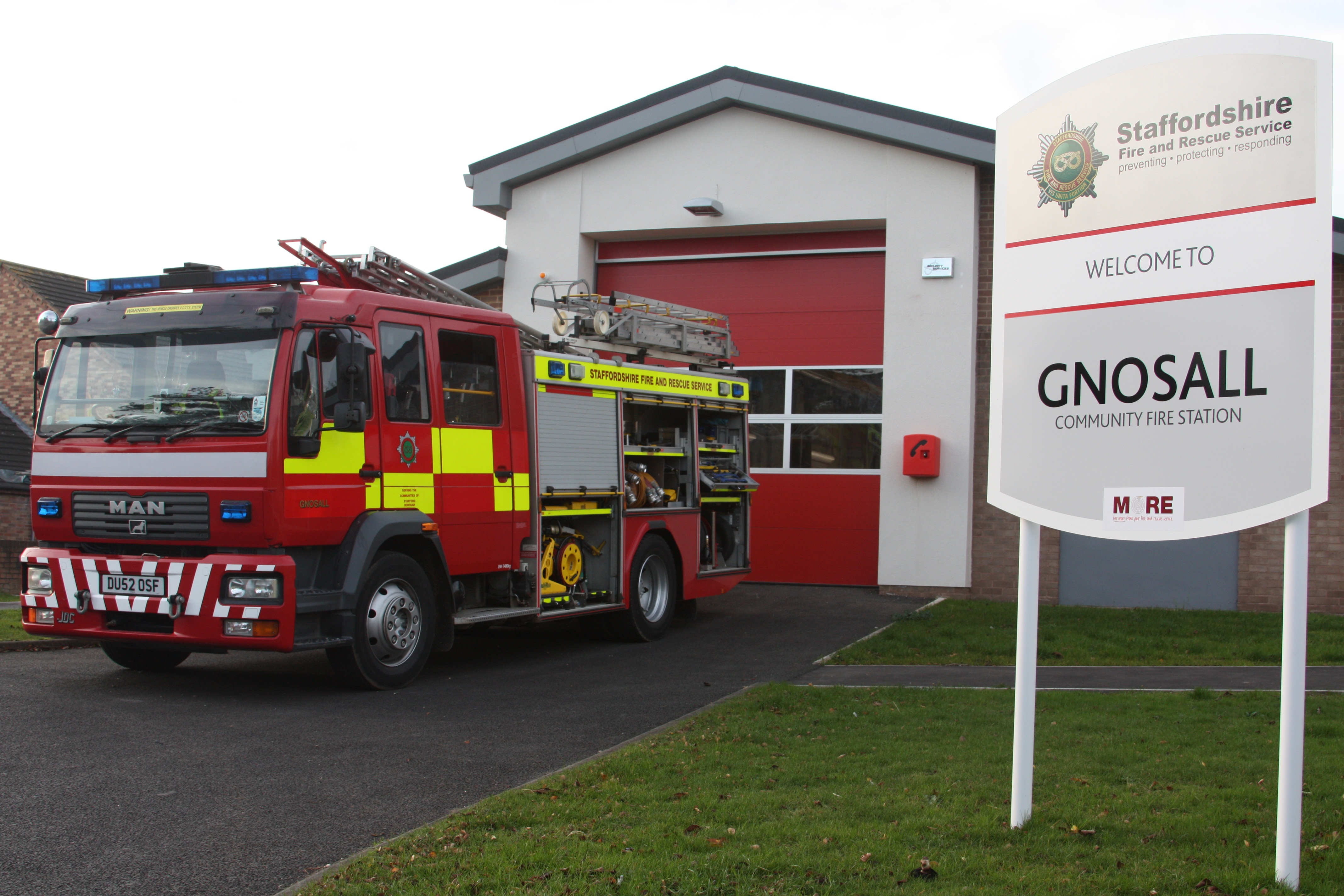 Fire engine leaving Gnosall Fire Station